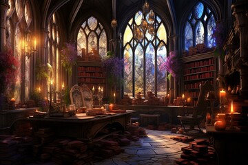 A medieval library ambiance with candles and books, depicting a realistic fantasy office enriched with strong colors. Generative AI
