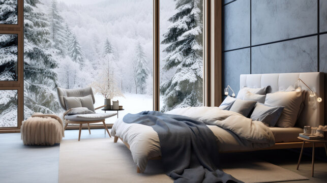 3d rendering of a modern bedroom in winter with snow covered trees. Ai generative.