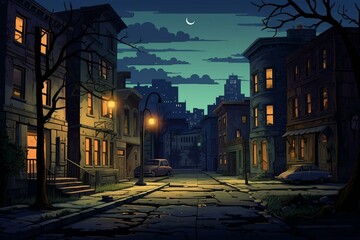 Nighttime street with rundown buildings and glowing windows. Cartoon illustration of abandoned homes, streetlamps, and a car. Generative AI - obrazy, fototapety, plakaty