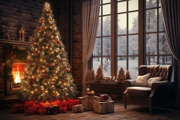 Fototapeta na wymiar Festive room with Christmas tree. Cozy living area. Generative AI