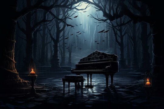 An atmospheric illustration of a piano in a Gothic style. Generative AI