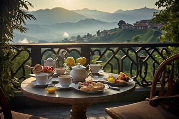 Breakfast with coffee and fresh pastries on the terrace overlooking the mountains - obrazy, fototapety, plakaty