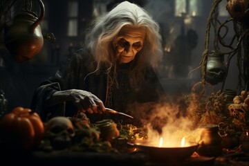 Elder Witch Brewing Halloween Spells - obrazy, fototapety, plakaty