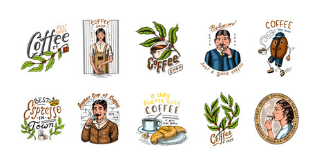 Set of coffee in vintage style. Woman and man with a cup of drink. Vintage badge or logo set for t-shirts, typography, shop or signboards. Beans and leaves. Hand Drawn engraved sketch. 