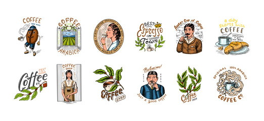 Set of coffee in vintage style. Woman and man with a cup of drink. Vintage badge or logo set for t-shirts, typography, shop or signboards. Beans and leaves. Hand Drawn engraved sketch. 