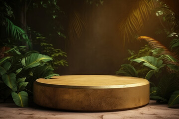 Fototapeta na wymiar A tropical stone podium with lush palm trees in the background creates a serene outdoor setting for relaxation and rejuvenation. AI Generative.