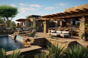 A HD view of a desert backyard in Mesa, AZ with pool, spa, fireplace, and kitchen. Generative AI