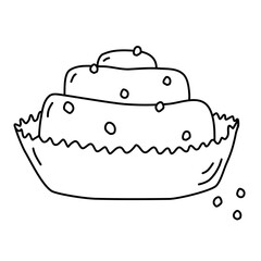 Delicious cinnamon bun sprinkled with sugar in backing paper cup, vector outline for coloring book