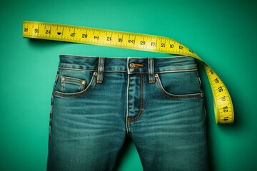 Denim pants beside measuring tape, on green background from above. Concept of slimming down. Generative AI
