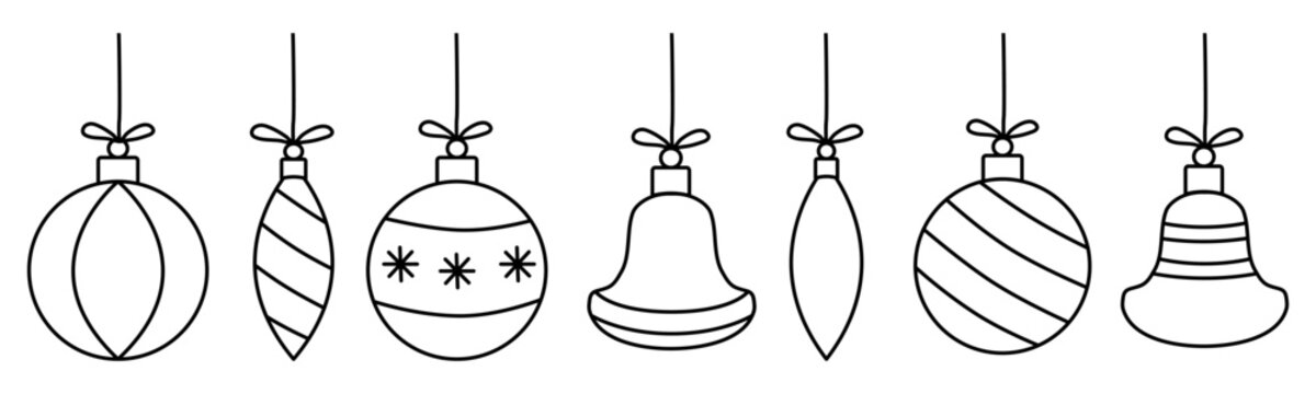 Set of Christmas tree decoration toys, doodle style flat vector outline for coloring book