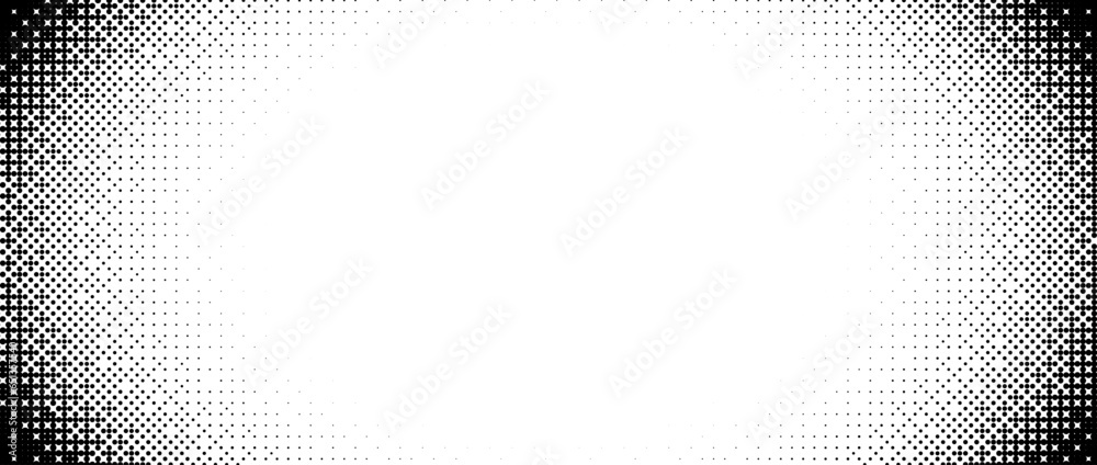 Aufkleber Pixelated radial gradient texture. Black and white bitmap dither central background. Abstract fade glitchy pattern. Video game screen wallpaper. Retro pixel art. Vector halftone wide border