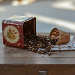 Lata antigua roja, con té negro caido, adornando con una caja de madera y fondo desenfocado