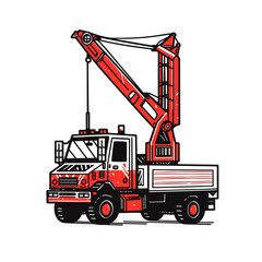 Crane truck vector icon in minimalistic, black and red line work, japan web