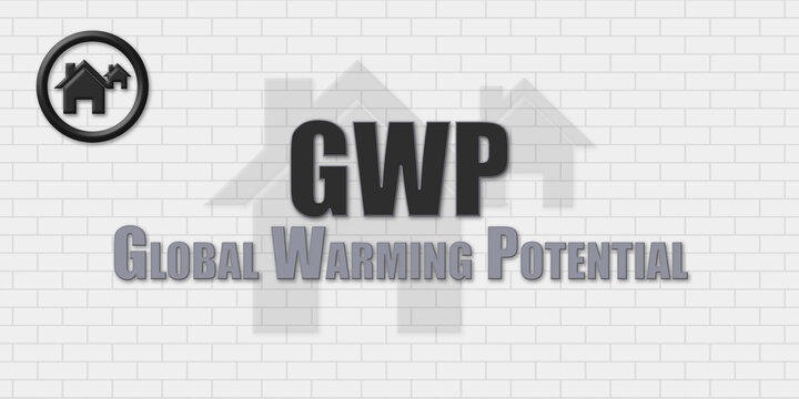 GWP Global Warming Potential. An Acronym Abbrevation of a term from the construction industry.Illustration isolated on a background consisting of a wall of gray stones.