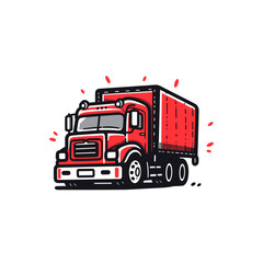 Semi-truck vector icon in minimalistic, black and red line work, japan web