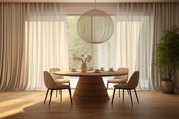 Simple beige dining room with circular table, seats, suspended lamp, and expansive window featuring sheer curtains. Created using 3D rendering. Generative AI - obrazy, fototapety, plakaty