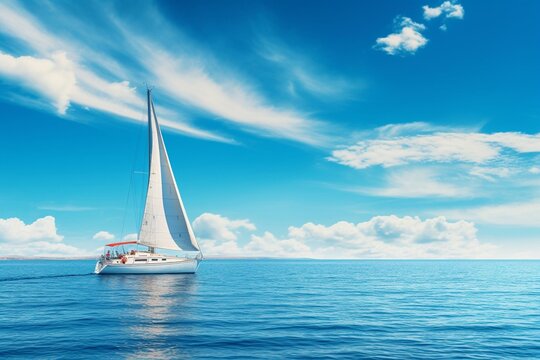 A yacht sails on a blue ocean during summer. Generative AI