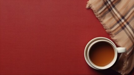 A cup of hot tea on a wool cloth seen from above, with dark red empty space on the left as a background for words or promotional items. Perfect for winter, tea shop and relaxation themed designs - obrazy, fototapety, plakaty