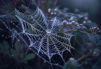 Eine Makroaufnahme von taubedeckten Spinnweben in einem nebligen Garten - obrazy, fototapety, plakaty