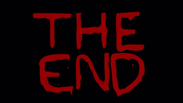Animation The End with blood on a black screen. The end of the video is in a horror mood. Crime and murder concept. Stock Halloween video in 4K with alpha channel.