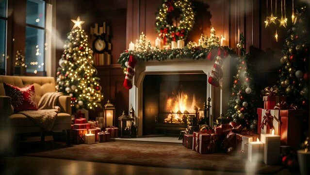 Fireplace with Christmas Decorations, Seamless Looping Time-Lapse Virtual Video Animation Background.