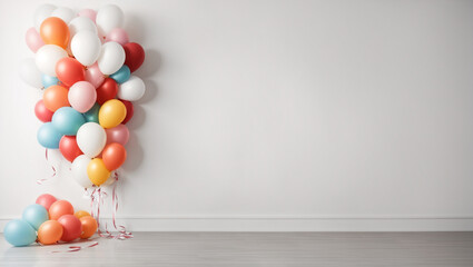 Fototapeta na wymiar balloons over white wall background. Backdrop with copy space