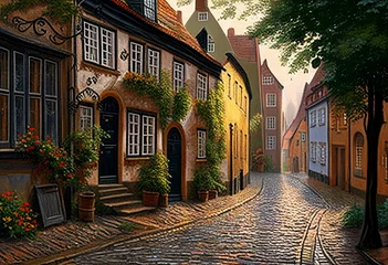 Fotobehang Eine bezaubernde, kopfsteingepflasterte Straße in einer fiktiven, historischen europäischen Stadt © Joshua