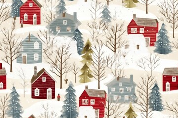 Winter houses for Christmas fabrics and decor. Seamless pattern. generative ai.