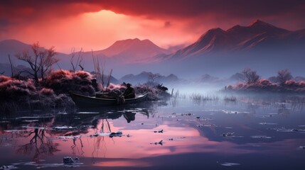 A peaceful lake scene with a single boat floating on the water. Generative AI. 