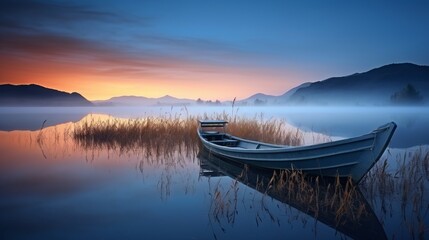 A peaceful lake scene with a single boat floating on the water. Generative AI. 