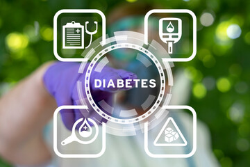 Doctor or laboratory assistant using virtual touch interface presses word: DIABETES. Physician measuring sugar level. Concept of diabetes. World diabetic awareness day.