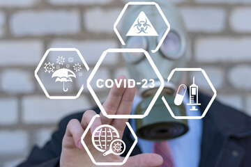 Businessman in gas mask using virtual touch interface presses text: COVID-23. New wave covid...
