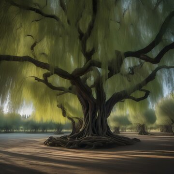 A grove of ancient willow trees whose branches intertwine to form intricate, shadowy labyrinths1