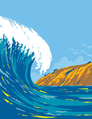 WPA poster art of surf beach at Black’s Beach or Torrey Pines City Beach within Torrey Pines State Beach in La Jolla San Diego, California, United States USA done in works project administration.
- 651361755