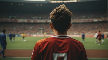 Guy back wearing soccer shirt and entering in a full soccer stadium 