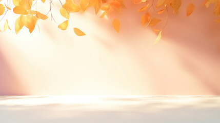 Naklejka na ściany i meble Empty sunny orange background with leaves and leaf shadows