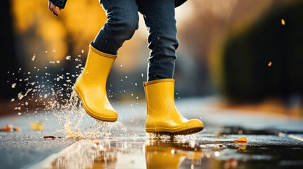 Little kid with yellow rubber boots jumping through puddles