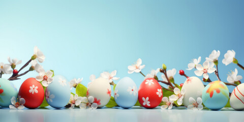 Fototapeta na wymiar Colorful Easter eggs with spring blossom flowers on soft blue background.