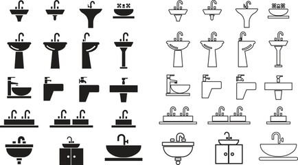 Fototapeta na wymiar sink unit l icon in flat and line set use for kitchen and bathroom washbasin sign, symbol in trendy style pictogram isolated on transparent background vector for apps and website