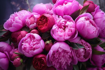Stunning vibrant pink peonies bouquet up close. Generative AI - obrazy, fototapety, plakaty