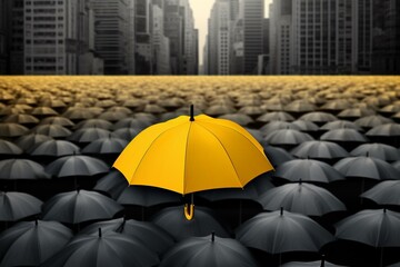 Bright yellow umbrella over a group of dull gray umbrellas amidst a bustling cityscape. Signifying protection and professionalism. Generative AI