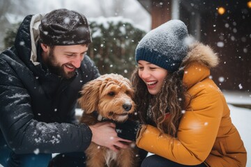 Young caucasian couple outside with their dog during winter and snow