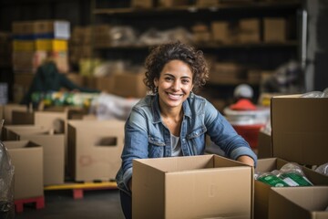Young woman working and volunteering at a charity fond packing boxes - obrazy, fototapety, plakaty