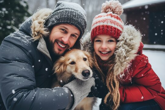 Young caucasian father and daughter outside with their dog in the winter and snow