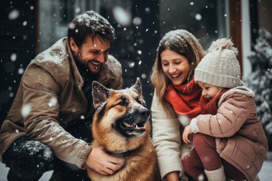 Young caucasian family with their dog outdoors in the winter and snow