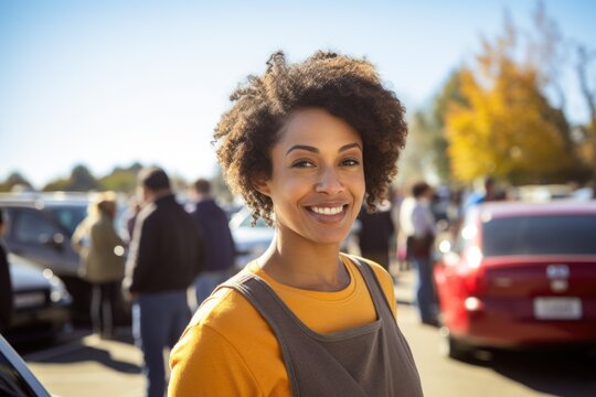 Portrait Of A Young African American Woman Volunteer In A Parking Lot Of A Community Center