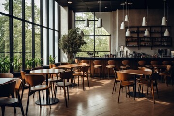 Interior of a modern and contemporary cafe located in the city with plenty of natural light entering from the big windows