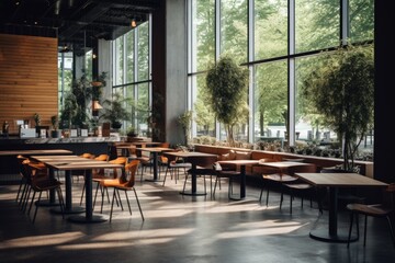 Interior of a modern and contemporary cafe located in the city with plenty of natural light entering from the big windows