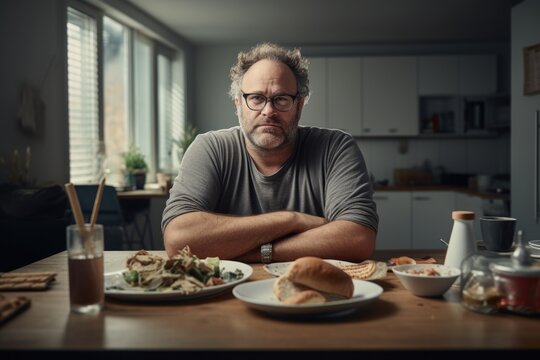 Portrait of a obese or overweight middle aged man at home eating fast food