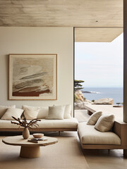 modern minimal neutral living room interior ocean view 
